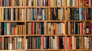 A library shelf full of books can be a source for records crucial for heir search