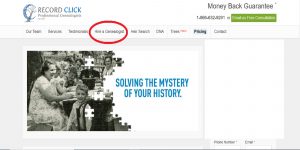 A snippet of RecordClick website showing where to click to find a professional genealogist