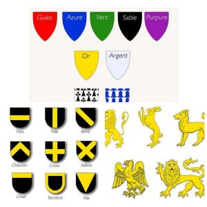 Animal charges , heraldic ordinaries and colors are common components of a coat of arms