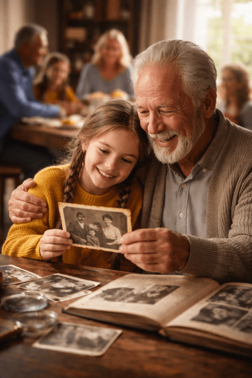 Grandparent and child looking at old family photo